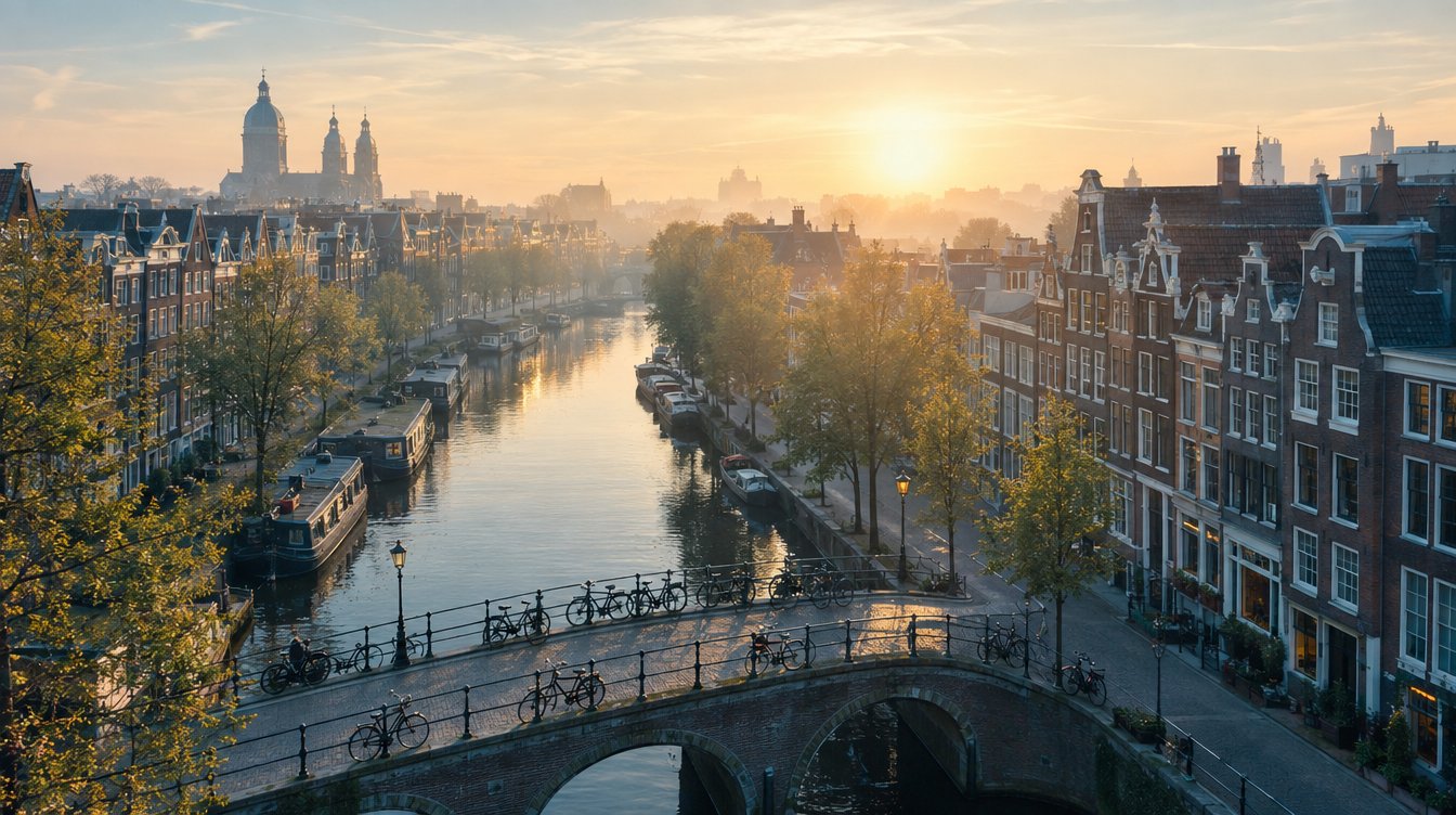 Amsterdam canal houses at sunrise