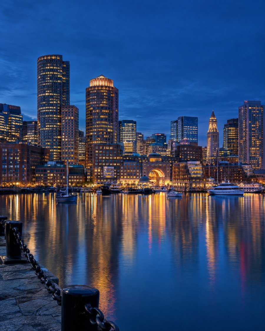 City skyline in the United States and harbour at night