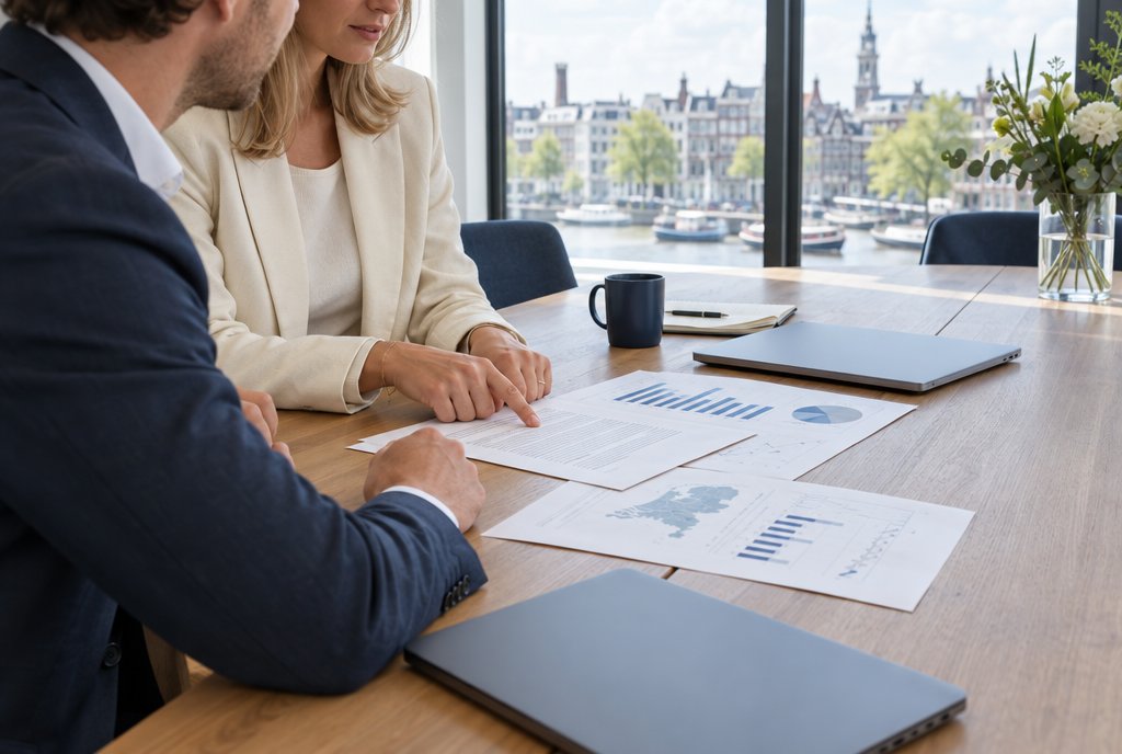 Two professionals reviewing a distribution agreement in a bright office
