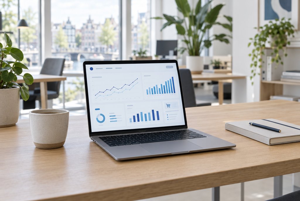 Laptop showing a marketplace sales dashboard on an oak desk