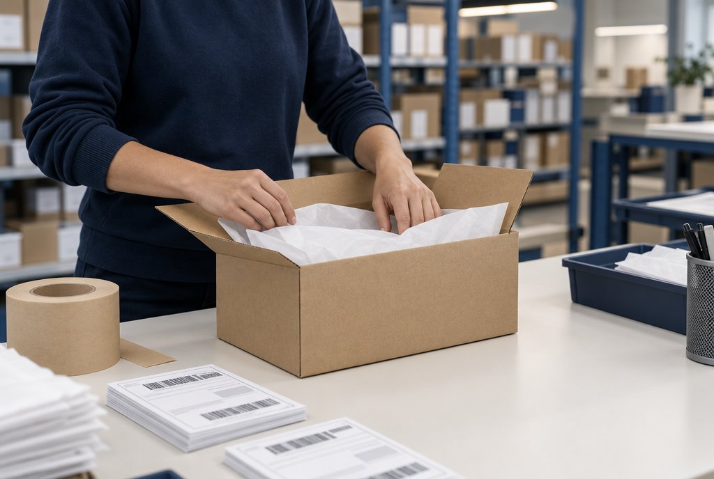 Packing an order into a plain shipping box at a fulfilment station