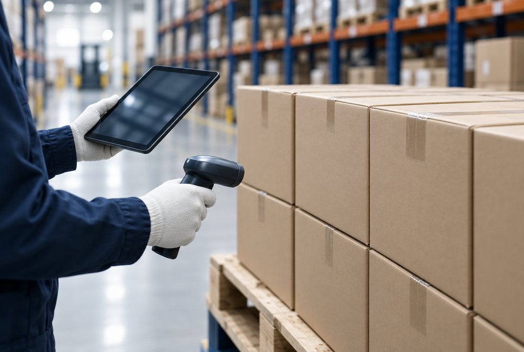 Checking sealed cartons with a tablet and scanner in a warehouse