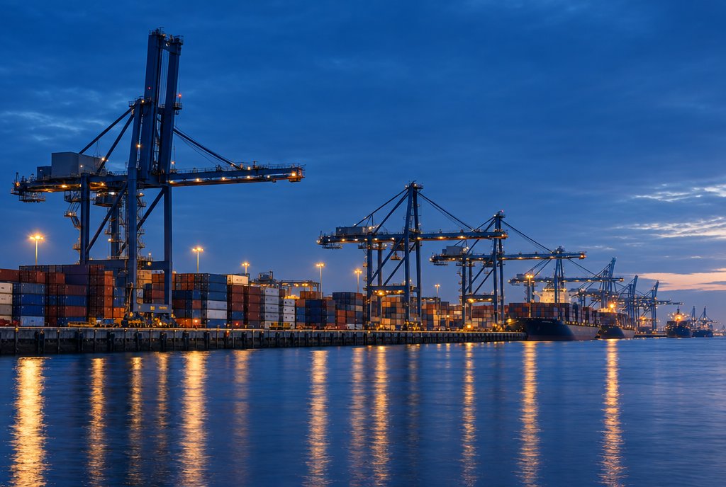 Container terminal in the Port of Rotterdam at blue hour