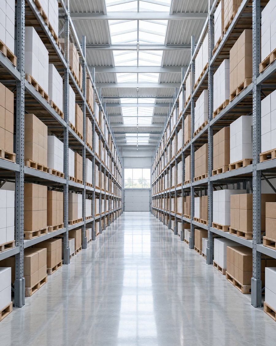 Long warehouse aisle with racking and cartons