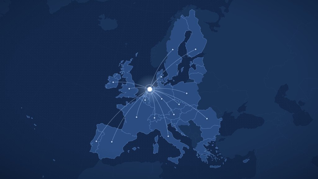 Carte de l’UE à 27 et de la Suisse avec les flux de distribution depuis l’entrepôt KOD aux Pays-Bas