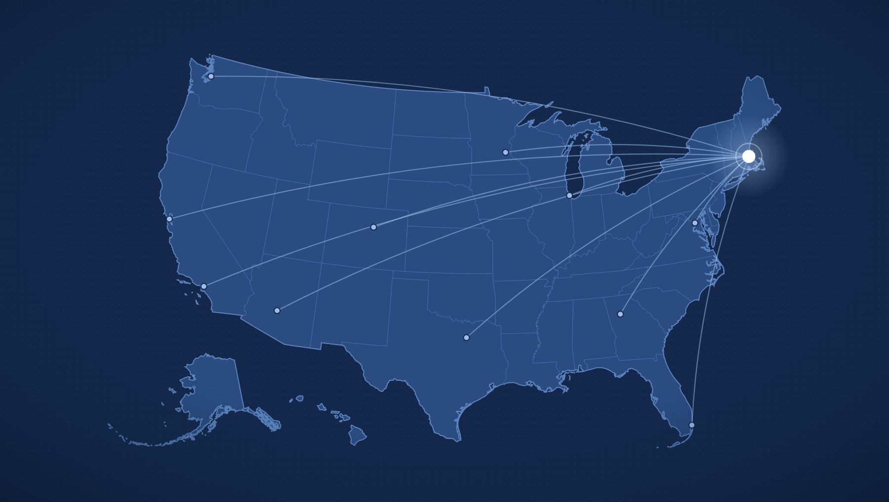 Carte des États-Unis avec les flux de distribution depuis l’entrepôt KOD