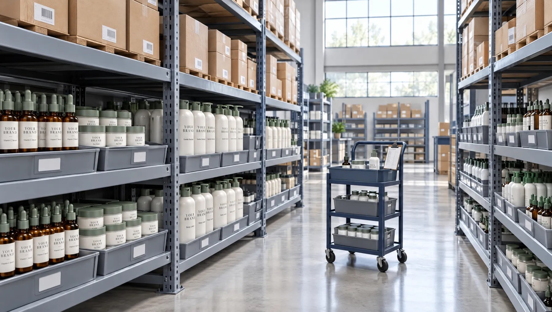 Allée d’entrepôt avec rayonnages et cartons