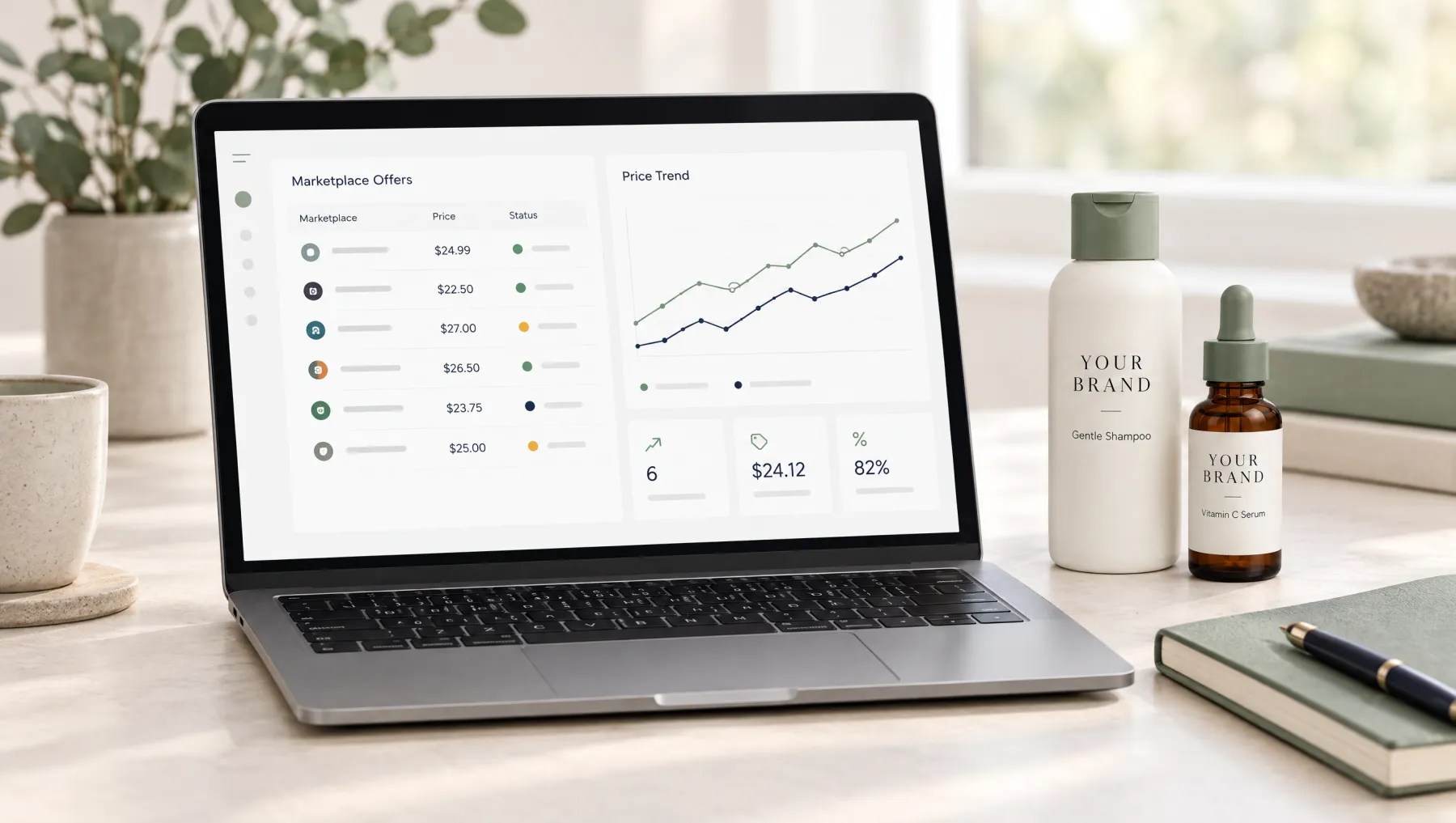 Ordinateur portable affichant les chiffres de vente des marketplaces sur un bureau en chêne
